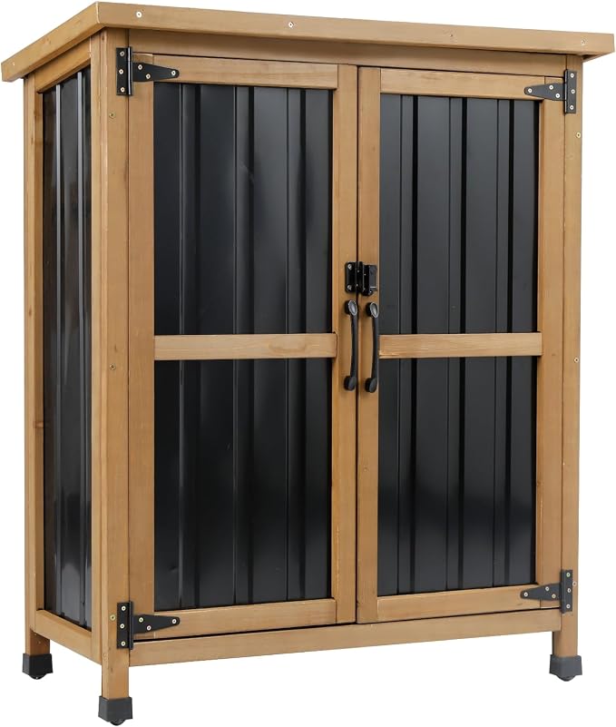 Ketive Outdoor Storage Cabinet, Wood & Metal Small Garden Tool Storage Cabinet with Weather-Resistant Asphalt Roof, Double Lockable Doors & Removable Shelves for Porch, Patio, Garden, Backyard