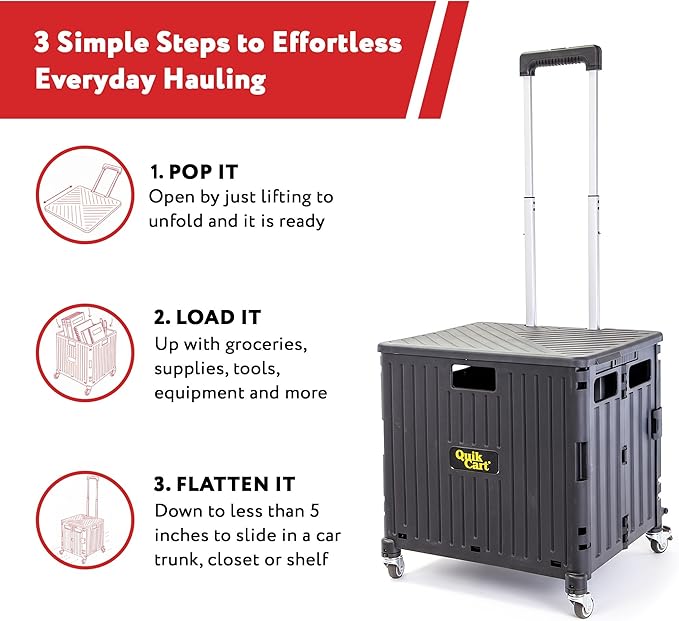 dbest Products Quik Cart 360 Collapsible Rolling Crate on Wheels - Black | 80 lbs Capacity, 360 Spinner Wheels, Telescoping Handle, Folding Portable Utility Cart with Seat