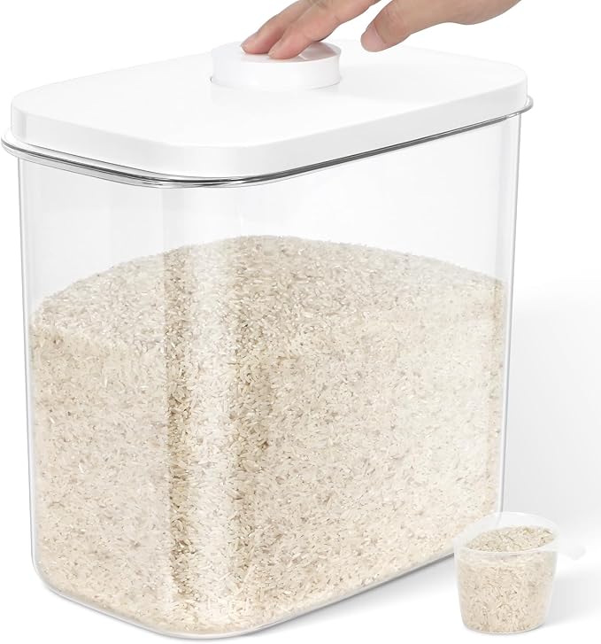 LEAWALK Airtight Rice Storage Container, Cereal Dry Food Flour and Sugar Bin, Dog Cat Food Dispenser with Measuring Cup, BPA Free Clear Plastic Kitchen (White, 12L-1pack)