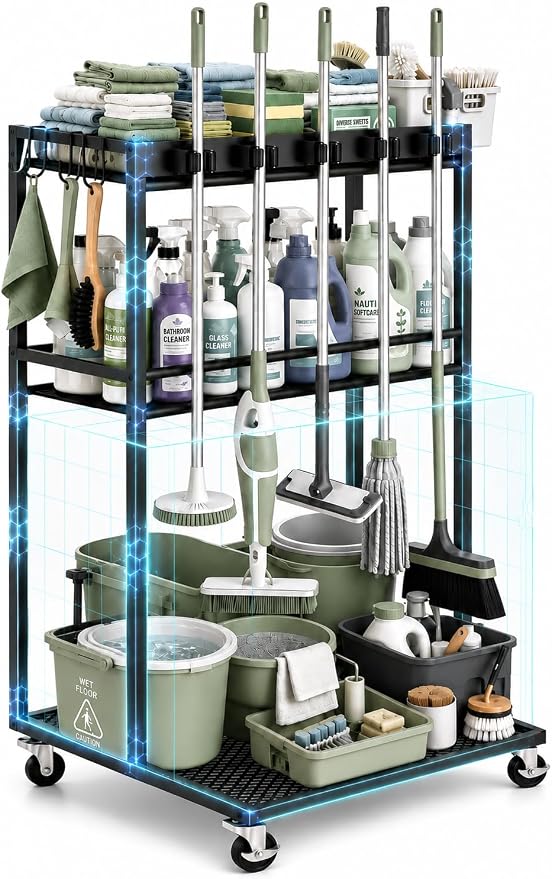 Cleaning Supplies Organizer Cart with Wheels, Broom and Mop Holder with 5 Grippers, 6 Hooks, 3 Shelves, Rolling Broom Closet Storage Rack for Laundry Room, Kitchen, Bathroom, Garage, Poolside