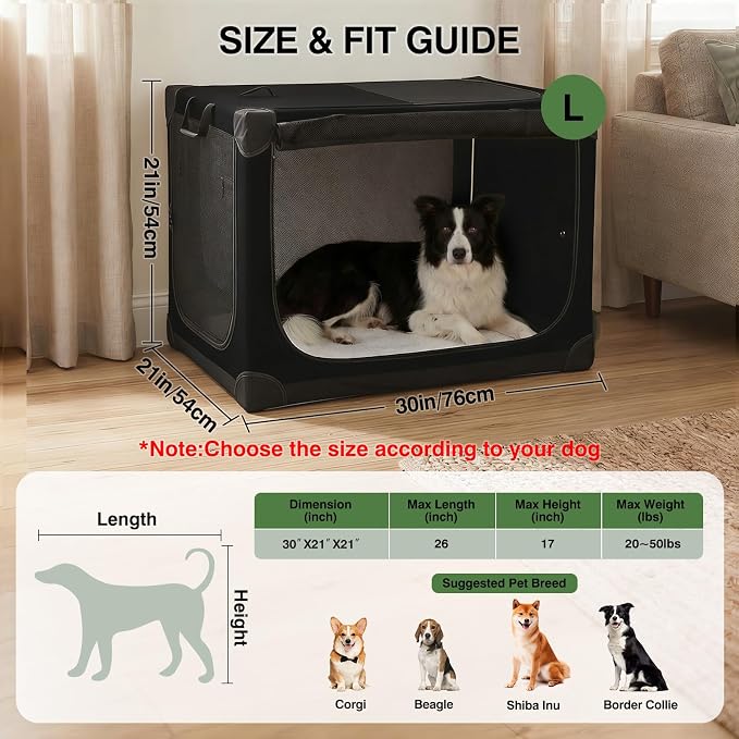 30 x 21 x 21 Inch Collapsible Soft Dog Crate for Dogs Up to 50 lbs, Portable Travel Pet Kennel with 4 Zip Doors, Foldable Indoor Outdoor Crate with Mat, Carry Bag, Black