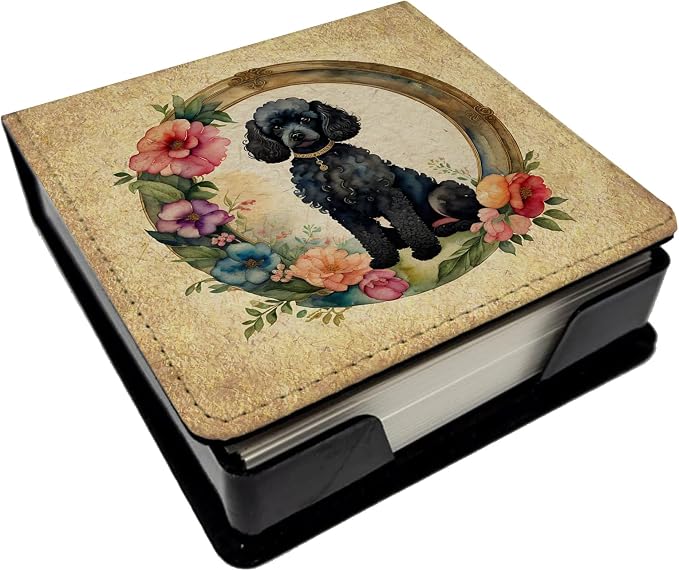 Caroline's Treasures Black Poodle and Flowers PU Leather Note Paper Holder with Artist-Designed Cover, Desk Accessory, Office Gift