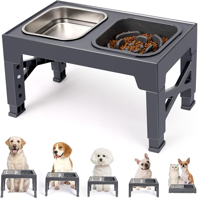 Elevated Dog Bowls, with Slow Feeder Bowl and Stainless Steel Dog Food Bowl, Raised Dog Bowls Adjusts to 5 Heights (3.15", 8.66", 9.84",11.02", 12.2") for Small Medium and Large Dogs