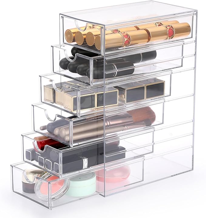 Hipiwe Plastic Drawer Organizer Desktop Storage Box with 6 Pull Out Drawers | Drawers Box for Bathroom, Dresser, Cosmetic Hair Tie Container for Women