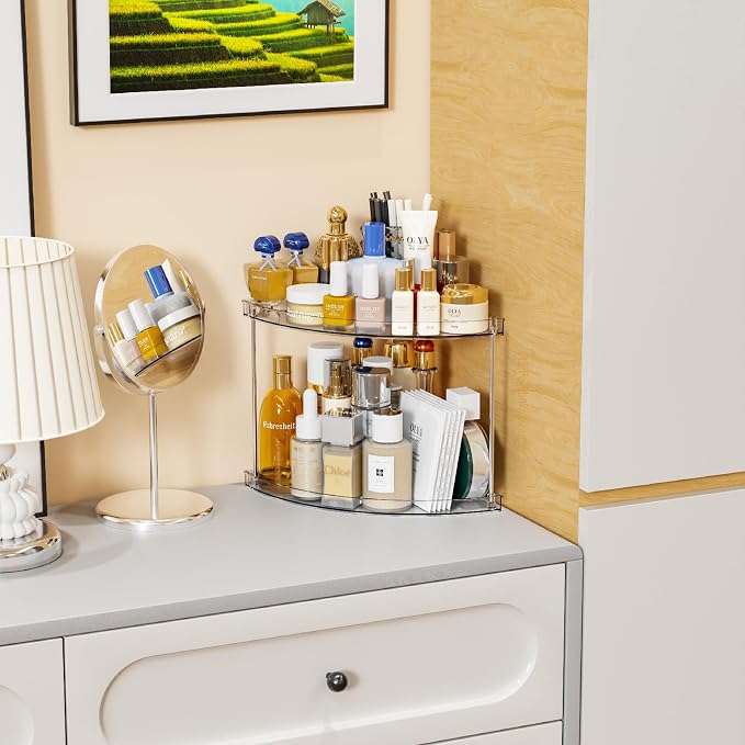 2 Tier Corner Bathroom Counter Organizer,Clear Bathroom Organizers and Storage,Acrylic Bathroom Counter Shelf and Perfume Holder for Skin Care,Makeup,Toiletry Products and Perfume Organizer