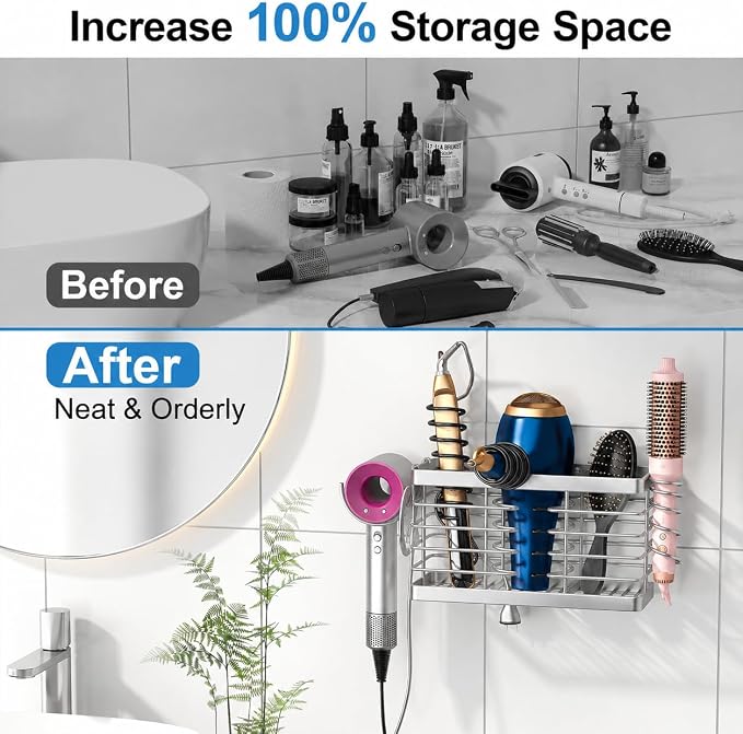 2026 Upgraded 3-in-1 Universal Hair Tool Organizer, L Size, Sliver | Adjustable Height Metal Hair Dryer Holder, Wall Mounted, Over Cabinet Door, Countertop, Bathroom Storage