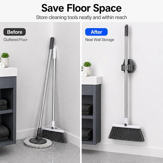 Suction Cup Mop and Broom Holder Wall Mount, 2 Pack | No Drill, Rotating Mop Gripper and Broom Hanger, For Bathroom, Kitchen, Laundry Room
