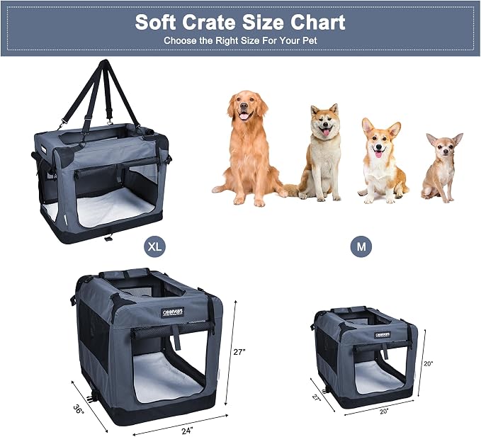 Jespet 3 Door Soft Dog Crates Kennel for Pets, Folding Travel Pet Carrier | 3 Mesh Doors 36'' Dog House, Locking Zipper, Easy to Install, Steel Frame, Removable Crate Pad, For Indoor & Outdoor Use