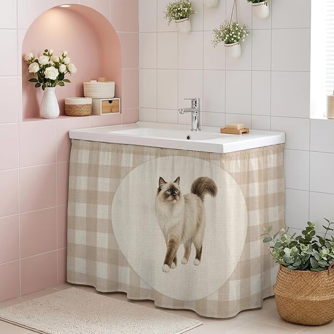 Ragdoll Cat Cabinet Curtain 32"Wx55"L, Dustproof Pantry Door Curtain with Self Adhesive Tape, Vintage Linen Plaid Farmhouse Pet Cats Tall Storage Cover Privacy Drape for Bathroom Kitchen Laundry Room