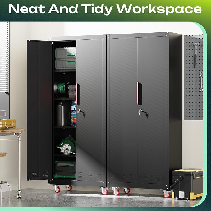 Kelueo 71" Tall Metal Garage Storage Cabinet with Wheels and Locking Doors | Heavy-duty steel rolling tool cabinet,garage cabinets with 4 adjustable shelves for garage,home,office,shop.black