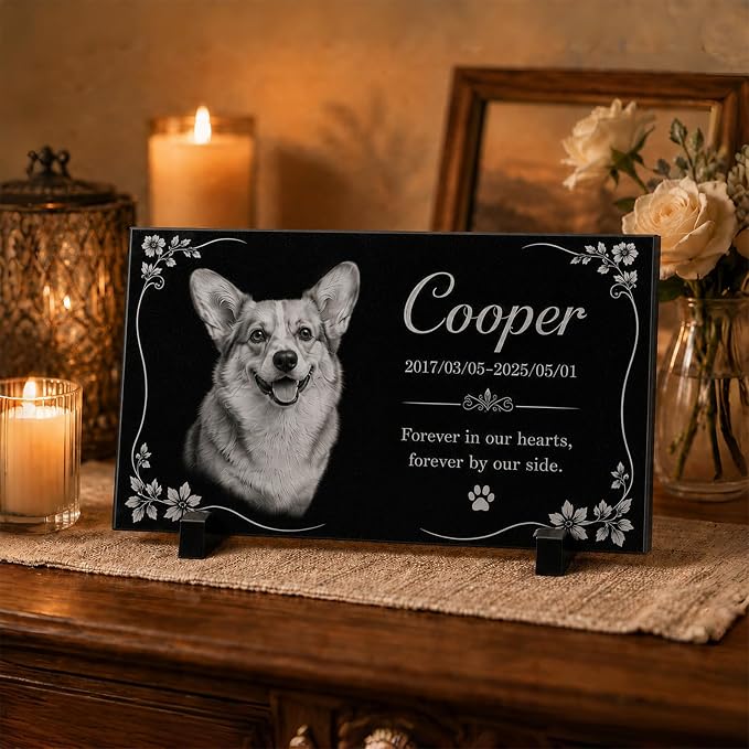 Personalized Pet Memorial Stone, Custom Granite Pet Grave Marker | for Dogs & Cats , Engraved Memorial Plaque with Photo Name Dates & Message, Indoor Outdoor Garden or Tabletop Display