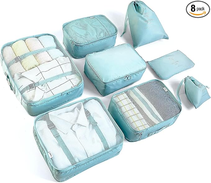 LANSKLBD 6/8 Set Packing Cubes for Suitcases Travel Luggage Packing Organizers,Travel Accessories Essentials Luggage Organizer with Shoe/Tioletry/Laundry Bag (Light Blue, 8 set)