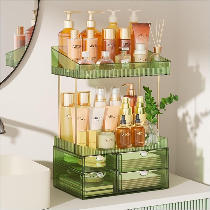 SNSLXH 4-Tier Clear Makeup Organizer Bathroom Storage Green | 4 Drawers Cosmetics Organiser, Ideal for Countertop, Bathroom, Office, Dresser, for Cosmetics, Skincare, Perfume, Lipstick