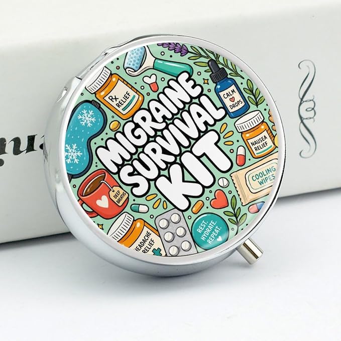 Colorful Migraine Survival Kit Illustration Round Pill Box with 3 Compartments, Portable Travel Pill Organizer with Spring Snap Closure for Vitamins Supplements Fish Oil