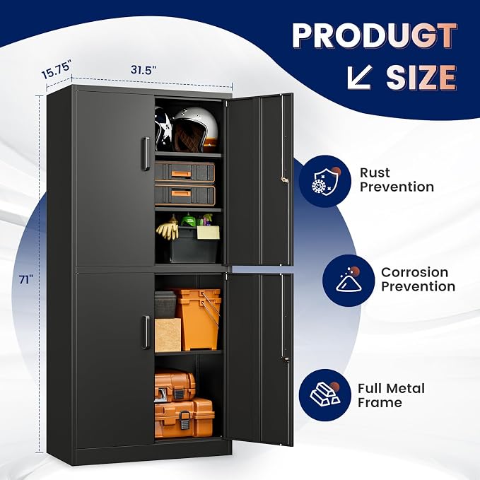 Metal Storage Locking Cabinet with 4 Doors and 2 Adjustable Shelves,71" Lockable Garage Tall Steel Cabinet,for Home Office,Living Room,Pantry,Gym,Commercial Storage (Black)