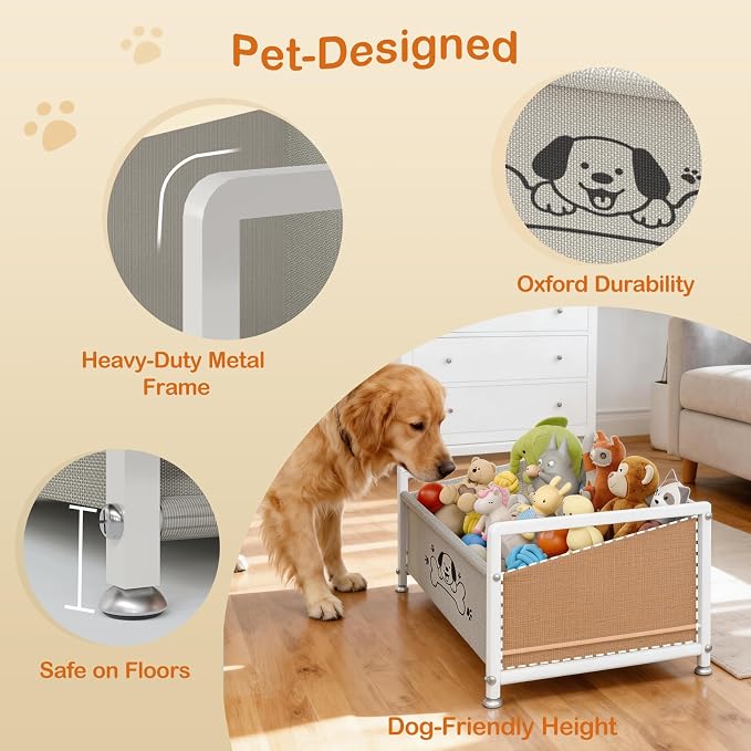 Dog Toy Box for Storage, Metal Frame Oxford Fabric Pet Toy Organizer with Raised Legs, Large Capacity Dog Toy Basket with Front Low Opening, Washable and Durable Design