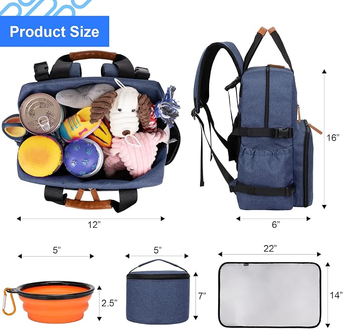 Modoker Dog Travel Backpack Set with 2 Food Bags, 2 Bowls and 1 Mat, Blue | Water-Resistant Oxford Fabric | Roomy Main Compartment | Multiple Functional Pockets | Stroller Strap | Leak-Resistant Lining