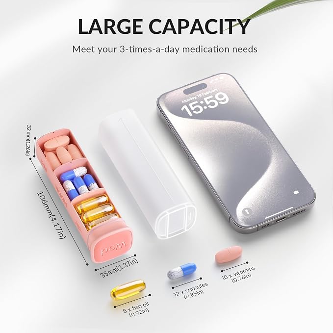 KOVIUU Weekly Pill Organizer 3X a Day, Large Daily 7-Day Pill Box, Pink | Detachable Pill Case with 3 Compartments | Travel Pill Container Holder for Vitamins, Supplements, Medications | BPA-Free