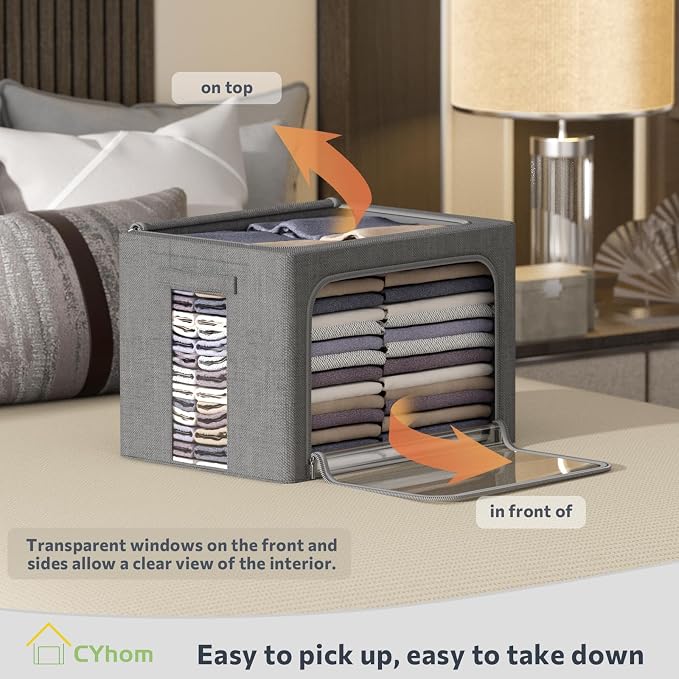 CYhom 3Pack Foldable Storage Bins - Frame Storage Box Linen Fabric Stackable Clothes Container Organizer with Clear Window & Carry Handles Large Capacity (Large-66L, Dark Gray)