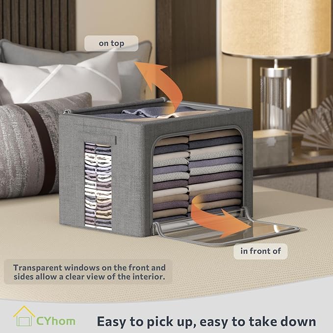 CYhom 3Pack Foldable Storage Bins - Frame Storage Box Linen Fabric Stackable Clothes Container Organizer with Clear Window & Carry Handles Large Capacity (Extra Large-100L, Dark Gray)