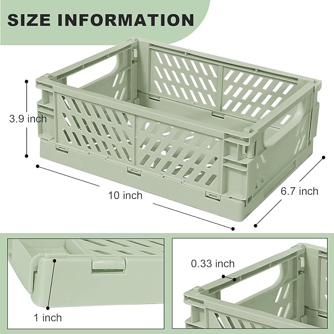 Tobeso-Nuoze Small Pastel Plastic Storage Bins 2Pcs Foldable Pastel Crates | Basket Colorful Storage Containers Baskets for Classroom Kitchen Office Bedroom Desktop Home Decor (Green 9.8" x 6.5" x 3.8")