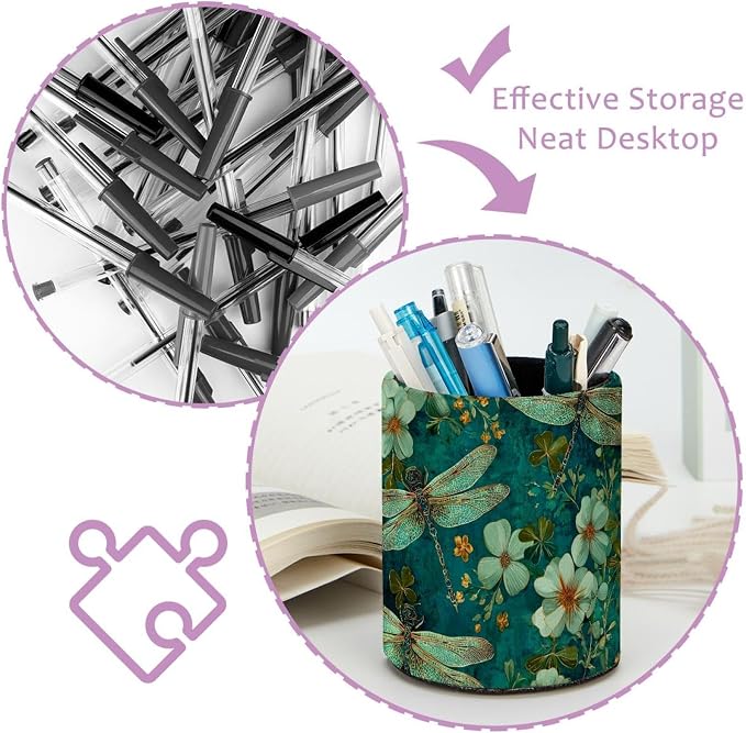 Faux Leather Pen Holder for Desk, Pencil Organizer Dragonfly Pen Cup Desk Decor Makeup Brush Holder Storage for Office Home