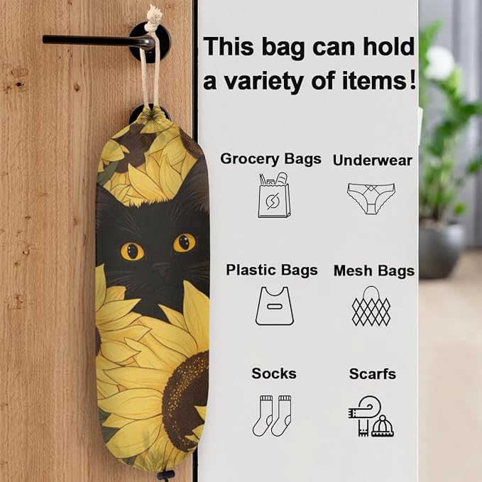 Animal Cat Plastic Bag Holder Yellow Sunflower Grocery Bag Storage Dispenser Washable Hanging Shopping Bags Carrier Reusable Wall Mount Trash Bag Organizer for Kitchen Pantry