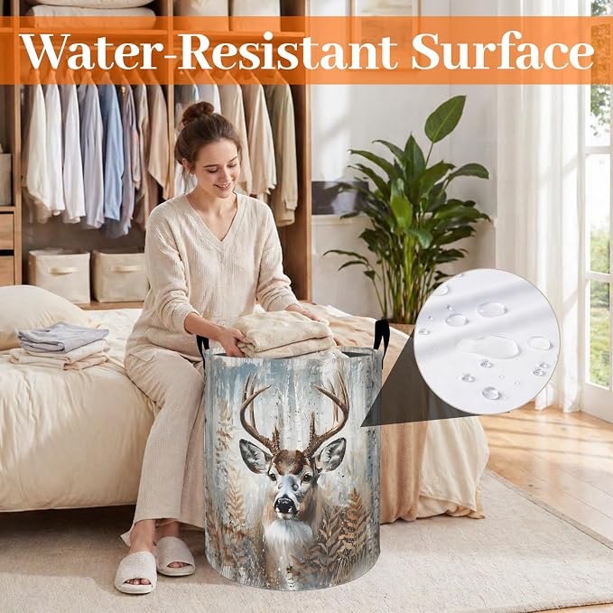 Rustic Deer Laundry Basket, Autumn Forest Birch Tree Oxford Cloth Dirty Clothes Collapsible Hamper for Room Decor, Watercolor Gifts, Toy Organizer 19.7 x 15.7 Inches for Bedroom Bathroom Dorm