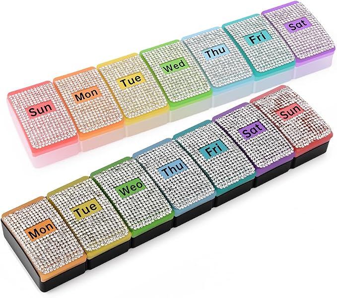 Diamond Weekly Pill Organizer Arthritis Friendly, BPA Free Travel 7 Day Pill Box Case and Large Compartment to Hold Vitamins, Cod Liver Oil, Supplements and Medication (Black)