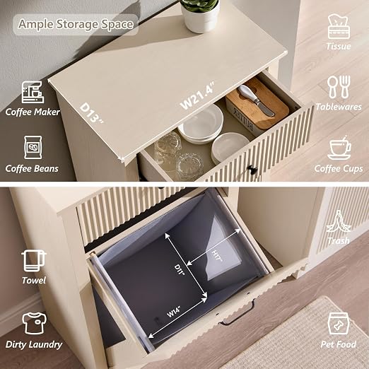 IFGET Tilt-Out Trash Can Cabinet, Modern Laundry Hamper Cabinet, Cream