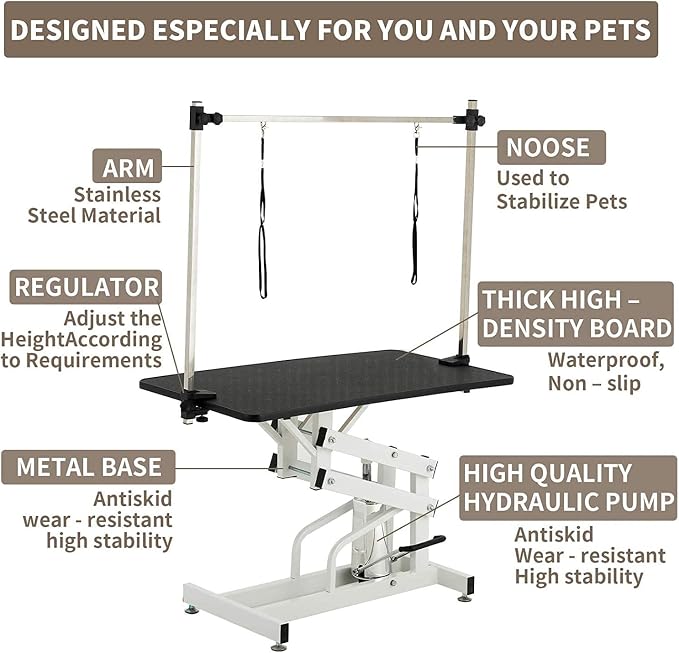 Hydraulic Dog Grooming Table for Small/Large Dogs, Heavy Duty Professional Pet Grooming Table with Adjustable Overhead Arm and Noose, Range 21-36 Inch, 43''/Black