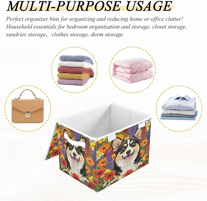 Pet Flower Storage Bins with Lids Closet Bedroom 40L Storage Basket | Decorative Storage Boxes, Foldable & Stackable, Dust-Proof Flip Top, Reinforced Handles, For Home & Dorm, Clothes & Toy Box