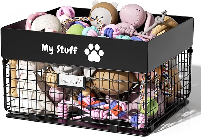 qeerable Dog Toy Basket - Metal Large Dog Toy Box for Small Dog - Dog Toy Storage Bin for Pet - Personalized Large Dog Toy Basket for Puppy and Pet- Dog Toy Organizer Holder Boxes for Living Room