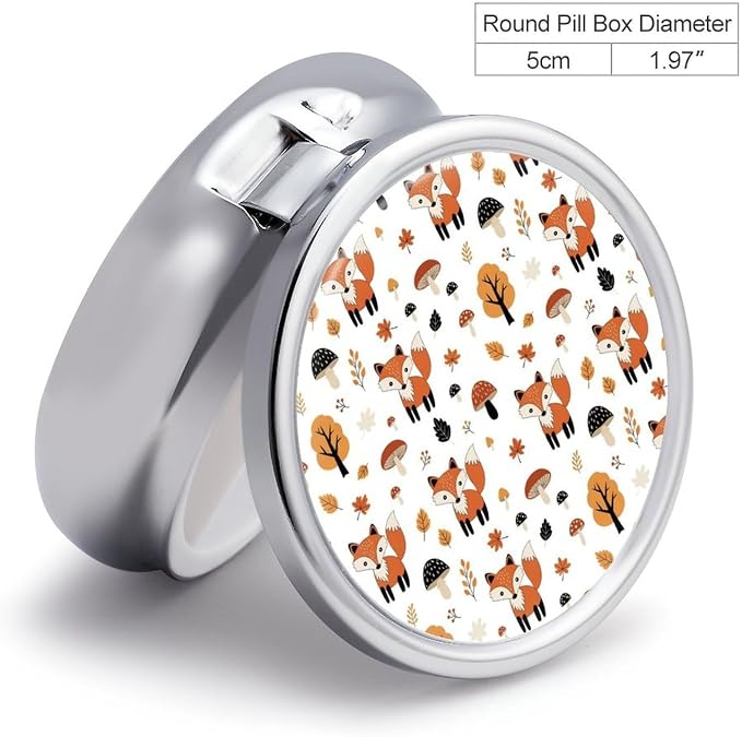 Pocket Pill Case, Cute Fox Fall Mushrooms Compact Round Holder, Travel Organizer for Supplements, Waterproof Pill Box Purse Use for Professionals