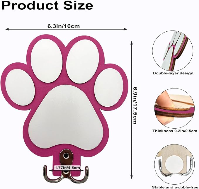 Rustic Wooden Dog Leash Holder Wall Decoration, Cute 3D Puppy Paw Wall Mount Hanger Organizer Hooks for Home Decor, Farmhouse, Coat Rack, Keys, Harness, Collars, Entryway, Pet Lover Gift (Pink)