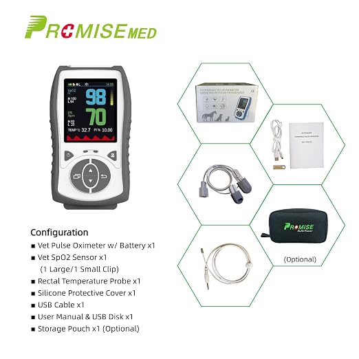 Vet Handheld Monitor with 2.8" LCD, Pet Vital Signs Monitor for SpO2 / Heart Rate/TEMP, Rechargeable Battery - Veterinary Use for Dogs, Cats, Horses etc. (Grey, Bundle with Pouch)