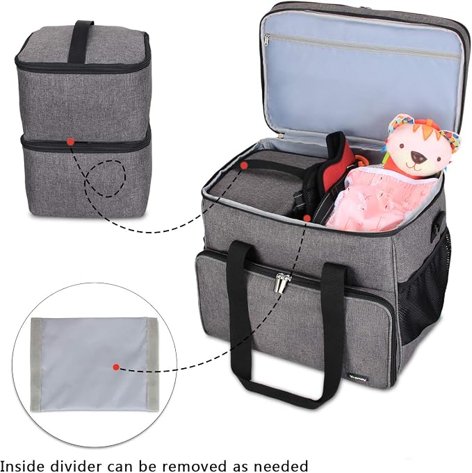 Teamoy 2 Layer Dog Travel Bag, Pet Supplies Weekend Tote Organizer, Gray | Large Dog Bag for Supplies with 2 Silicone Collapsible Bowls, 2 Food Carriers, 1 Water-Resistant Placemat