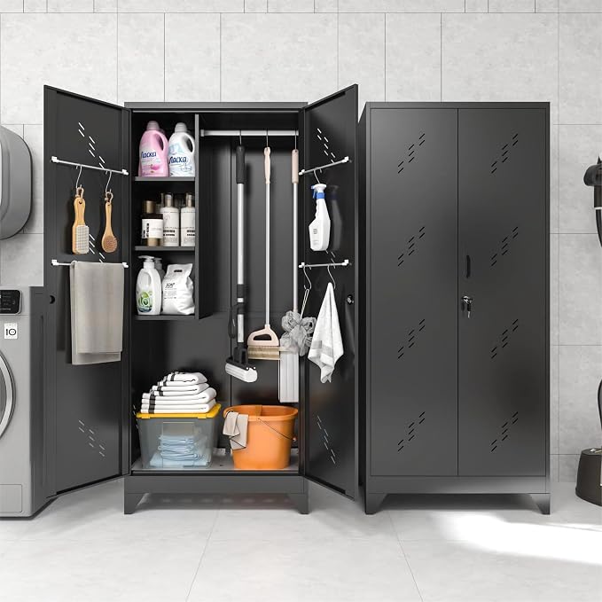 75" Metal Storage Cabinet with Lockable Doors,Utility Closet,Black | Functional Garage Storage Cabinets,Heavy-Duty Tool Cabinet,Hanging Rod & S-Hooks,Steel Lockers for Home Office,Warehouse
