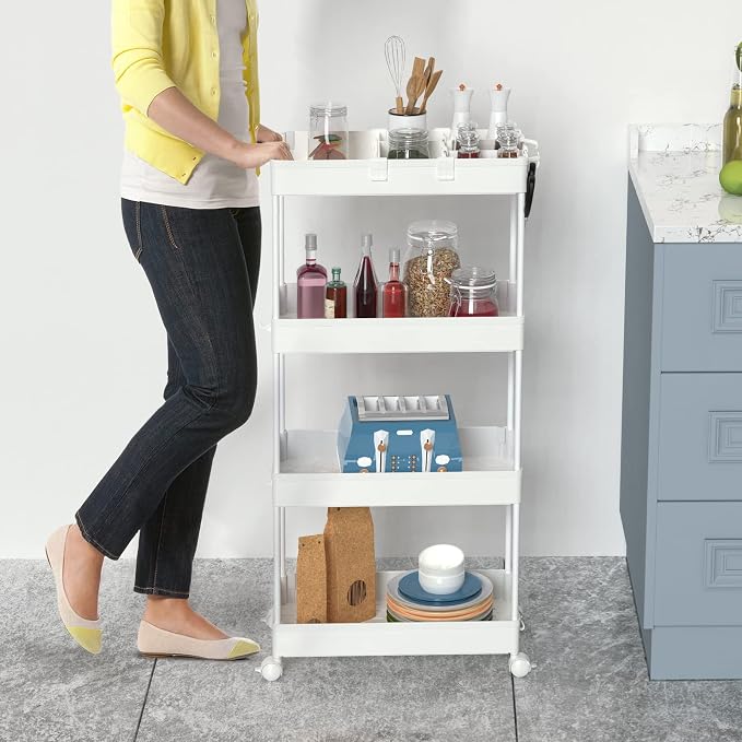 4 Tier Rolling Cart with Wheels, Storage Craft Art Trolley Organizer Serving, 3 Hanging Baskets Easy Assembly, for Office, Living Room, Kitchen