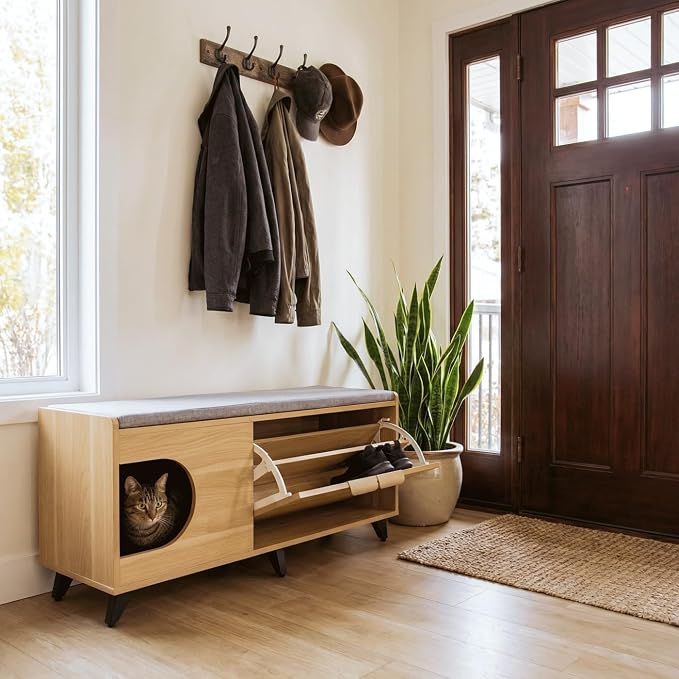 4 Cats & Dogs Tucker Shoe Cabinet – Multi-Functional Crate with Cushioned Bench Seat, Pet Nook & Hidden Cat Litter Box Storage, Modern Hallway Furniture 43” x 14” x 20” - Oak