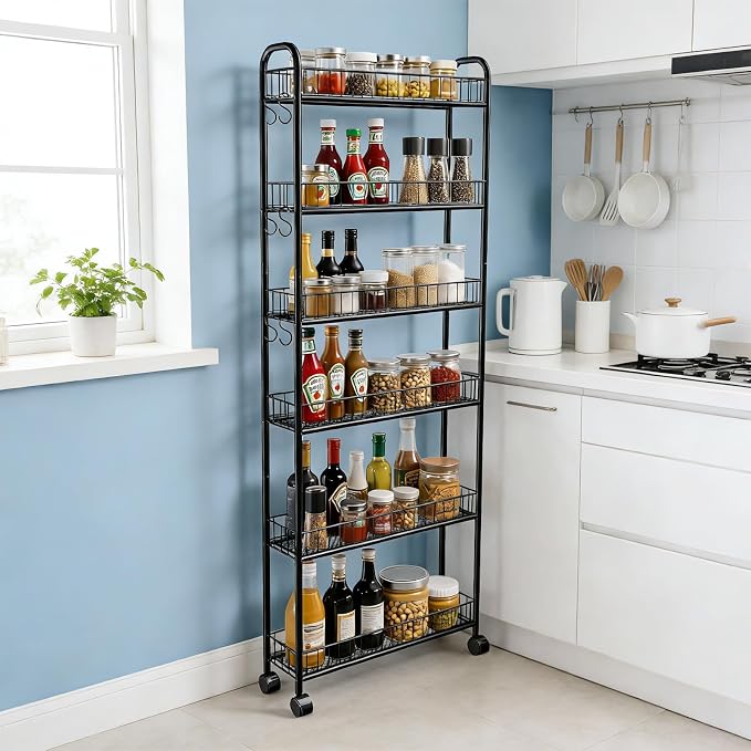6in 6 Tier Slim Storage Cart with Wheels, Narrow Space Rolling Shelving Unit, Metal Wire Mobile Organizer Rack for Kitchen Bathroom Office Laundry