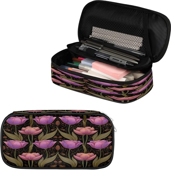 Pencil Case Large Capacity Pencil Bag Vintage Pink Purple Tulips Pouch Box Organizer Pen Case, School Supplies for Teen Adult