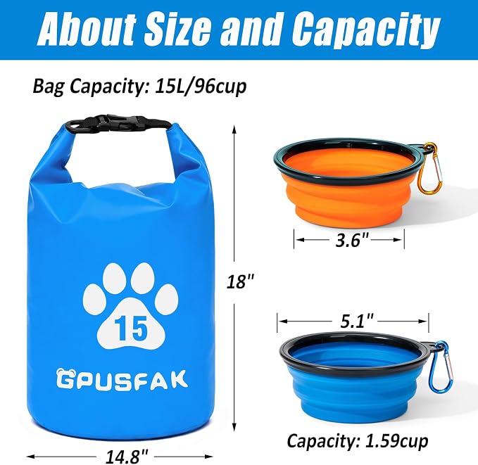Pet Food Storage Bag with Bowl (96 Cup) - Zip Roll Top Dog Food Travel Bag Waterproof Kibble Container for Camping Road Trips Travel Dog Boarding Weekend Getaways Machine Washable 15L Blue