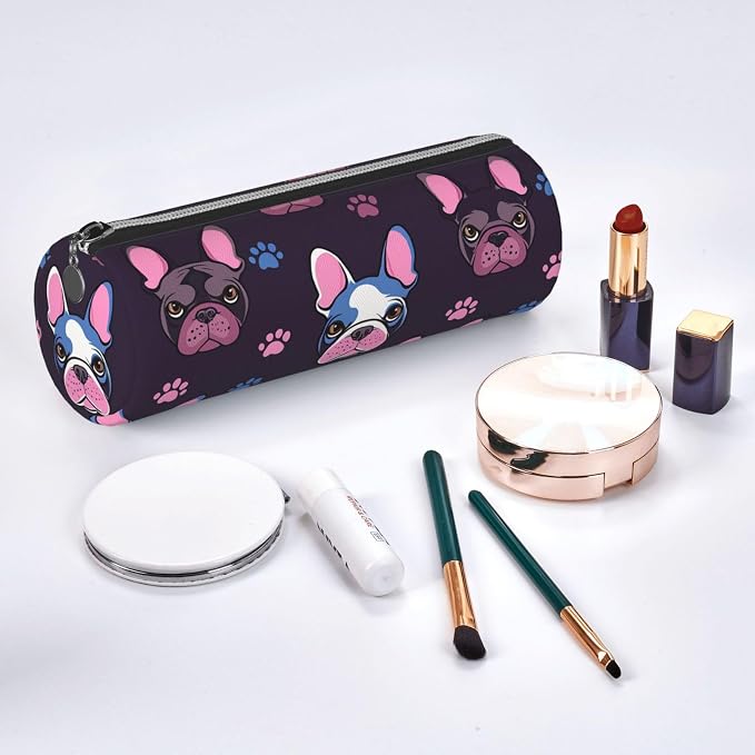 OSAM SPACE Leather Pencil Case Round Pencil Bag Cute French Bulldog Pen Organizer Holder Portable Zipper Pouch Cute School Supplies for Girls Boys Study Office