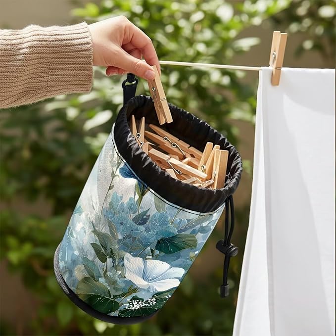Floral Print Portable Clothespin Bag, Drawstring Laundry Peg Organizer with Hanging Loop, Compact Storage Pouch for Clips, Ideal for Camping Trips, Home Drying Rack, RV