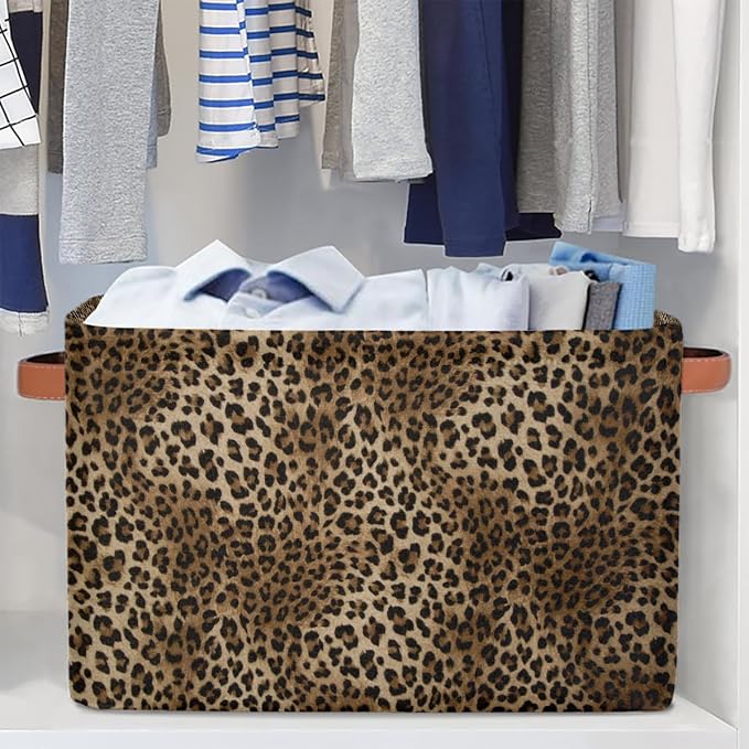 Basket Storage Bins Animal Leopard Cheetah Skin Rectangle Cube Basket Box Kids Girls Boys Toys Organizer Beaket Decor Foldable with Handle for Living Room Bedroom Closet Nursery Office Shelf Gifts