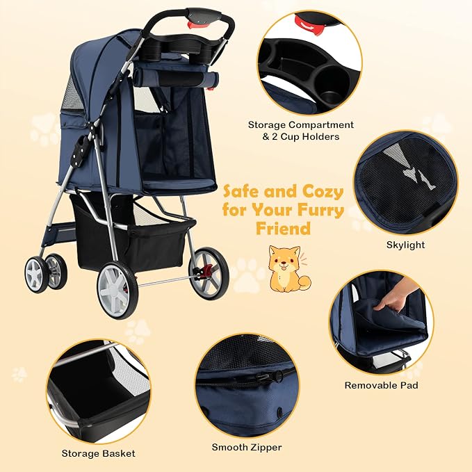 Giantex Folding Dog Stroller for Small Medium Dogs Cats Puppy, 4 Lockable Wheels Cat Stroller Pet Travel Carrier Strolling Cart, Safety Belt, Removable Liner and Storage Basket (Navy)