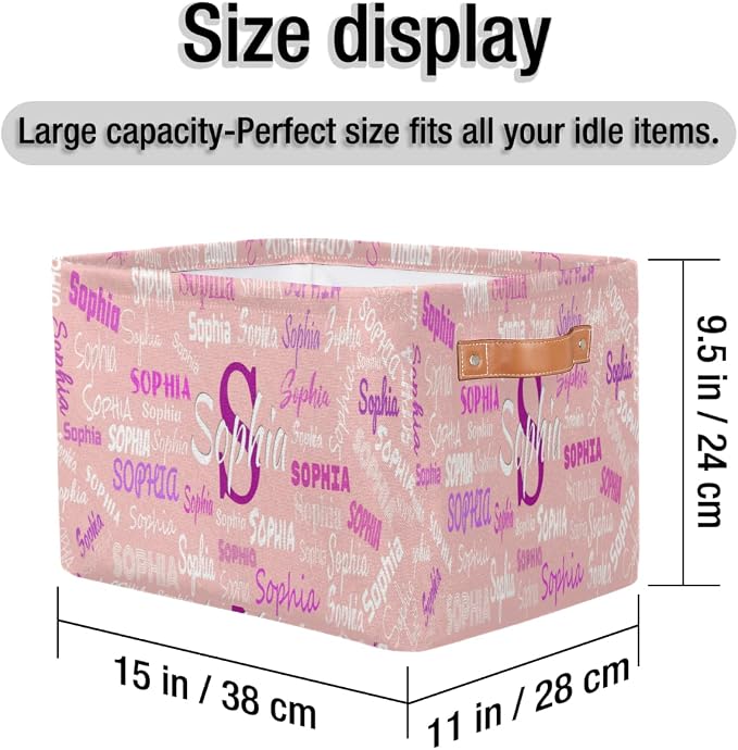 Custom Storage Baskets Named, Personalized Storage Bin Basket Boxes PU Leather Handles for Clothes Bedroom Closet Organizing Toys Books Shelves, Light Pink Solid Background