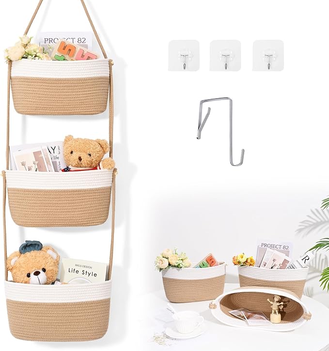 Hanging Basket, 3-Tier Woven Wall Basket with 4 Hooks, Cotton Rope Storage Baskets, Over the Door Organizer for Nursery, Bedroom, Cottage and Boho Wall Decor
