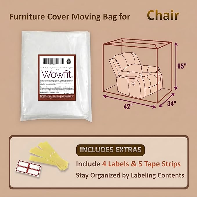 Wowfit 4mil Furniture Cover for Moving, Chair Storage Bag, 34Wx42.1Dx65/48H | With Tape Strips & Labels, Clear, Heavy Duty, Waterproof, Dustproof, Reusable, Recliner/Accent Chair, Patio/Garage, Pet Guard
